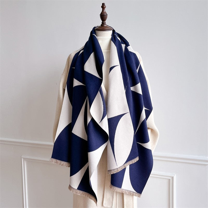 Navy Blue Geometric Pattern Winter Shawl Scarf Wrap