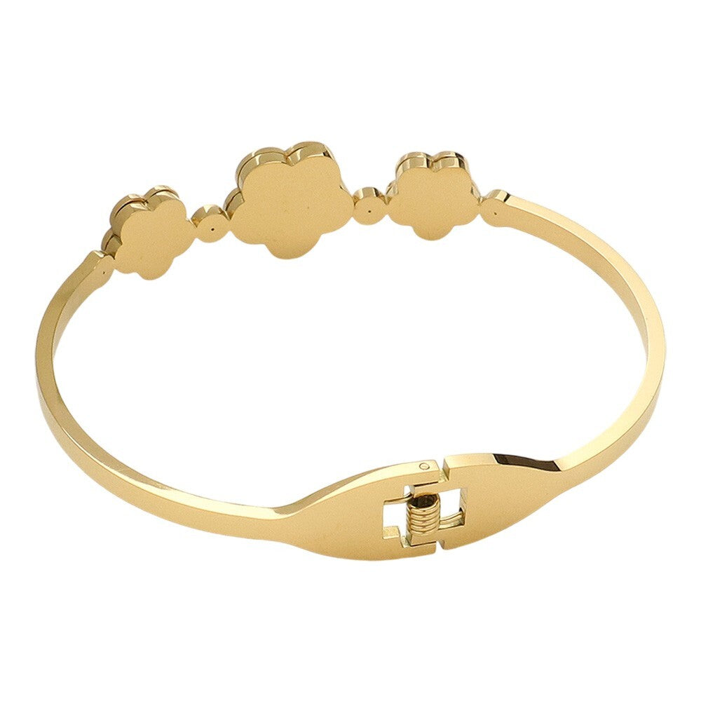 Triple Quatrefoil Stone Bezel Stainless Steel Hinged Bangle Bracelet for Women