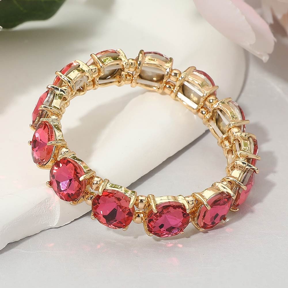 Gold Fuchsia Pink Crystal Stretch Bracelet Bold Glamorous Sparkle Jewelry