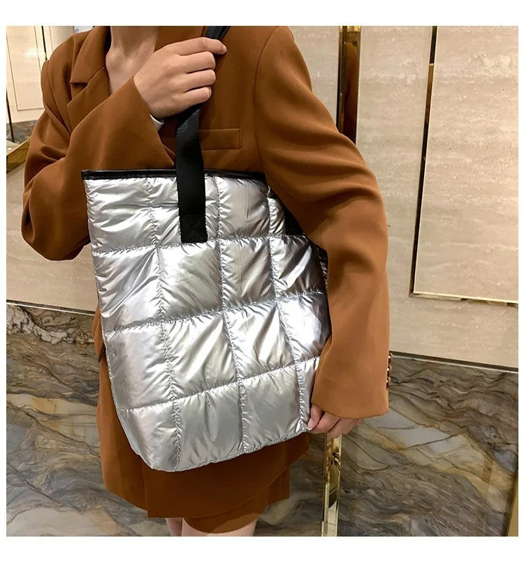 Gray Quilted Puffer Tote Bag Shoulder Handbag Zipper Closure Carryall Purse