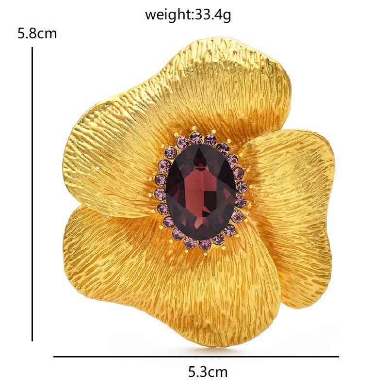 Large Gold Tone Flower Brooch Pin Burgundy Purple Rhinestone Vintage Style