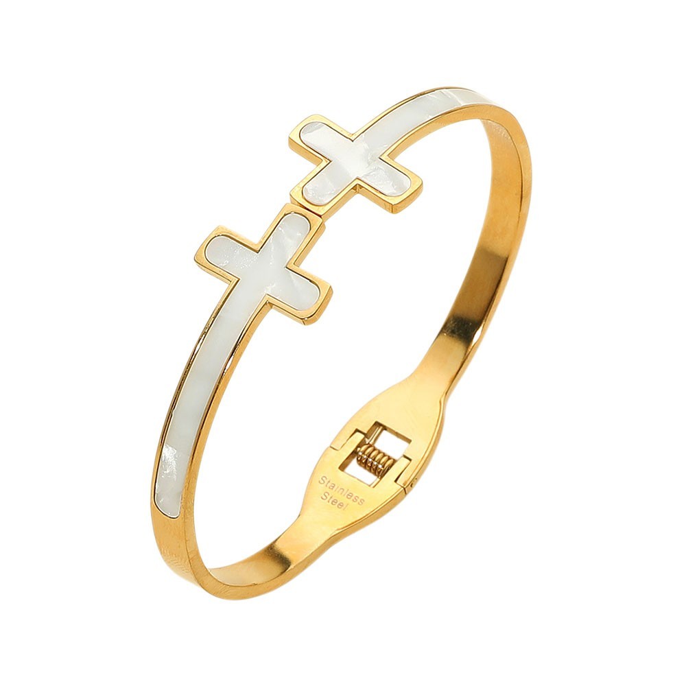 2-in-1 Gold and Silver Double Cross Mother of Pearl Hinged Bangle Set Jewelry