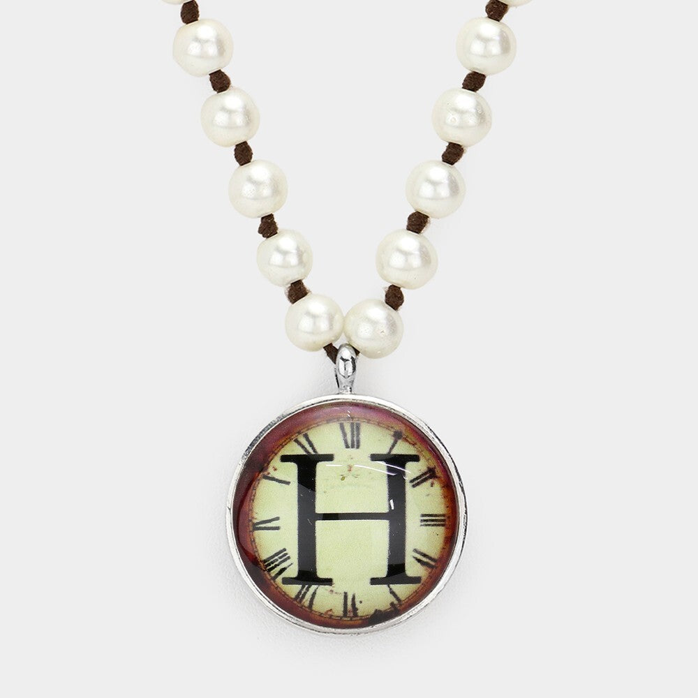 H Monogram Pearl Beaded Long Necklace with Watch Print Pendant for Women