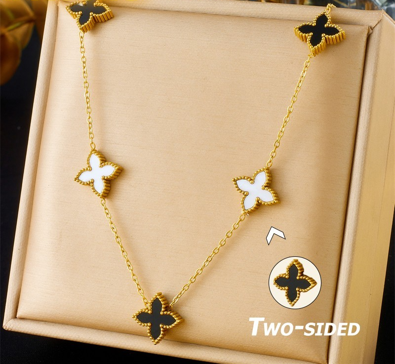 Stainless Steel Black and White Double Sided Flower Pendant Necklace for Women