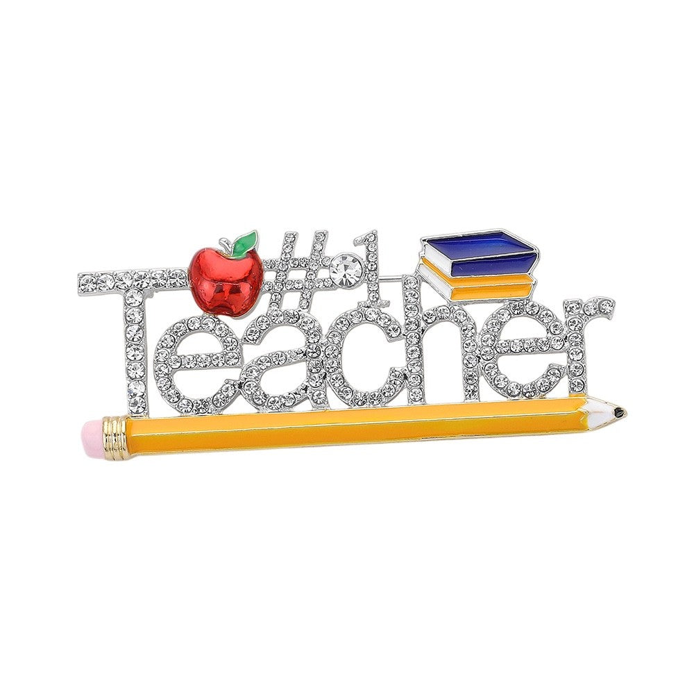Sparkling #1 Teacher Rhinestone Brooch with Apple, Books & Pencil Accent