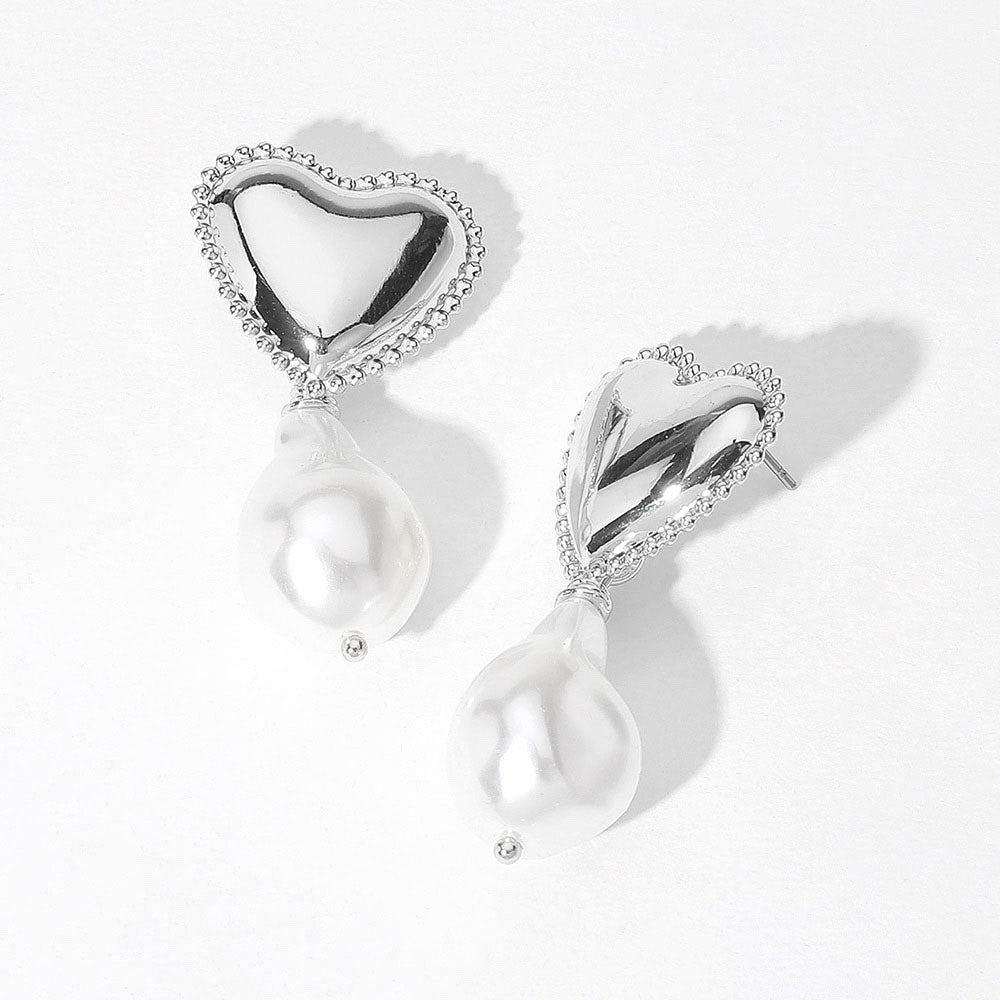 Sterling Silver Dipped Heart Baroque Pearl Drop Earrings