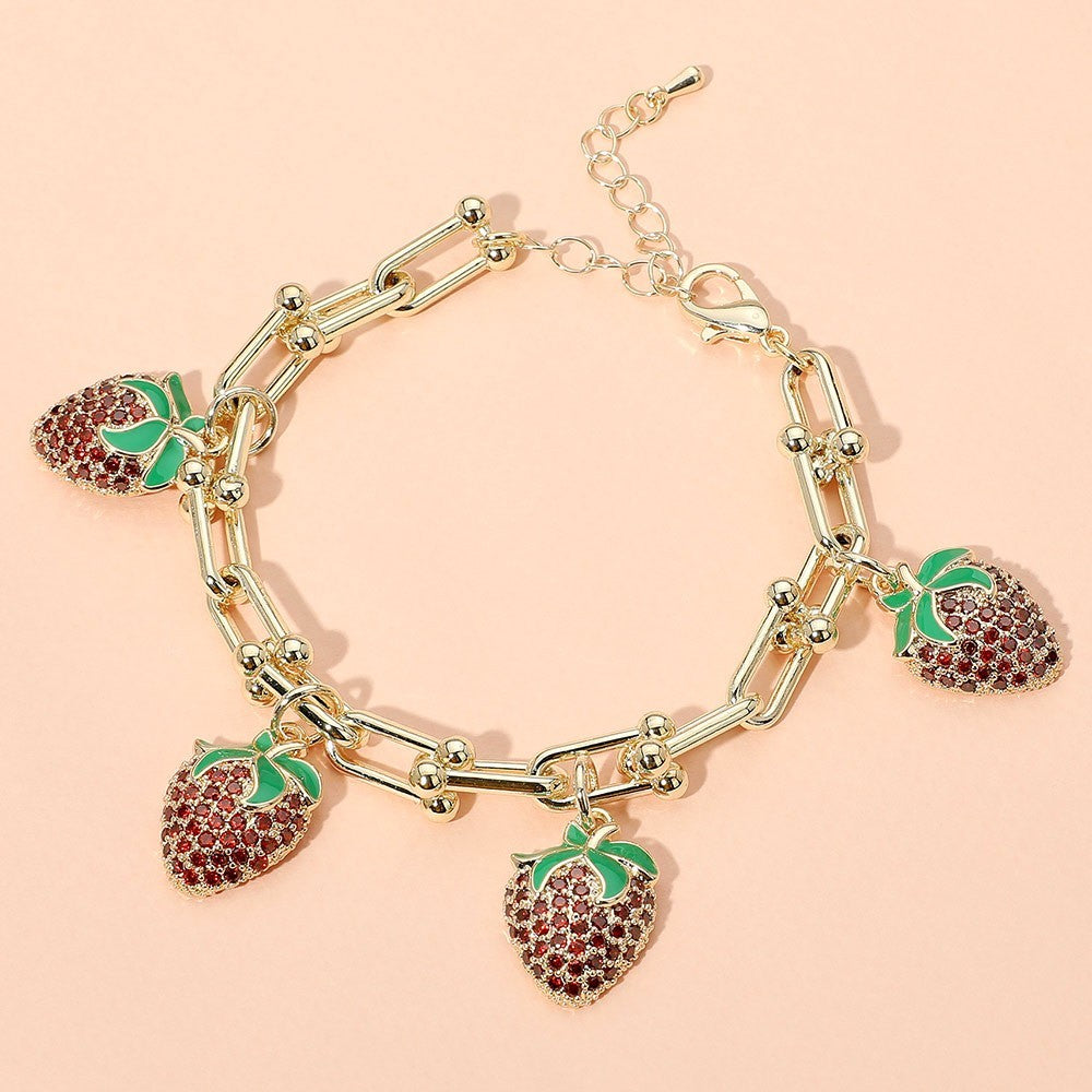 14K Gold Plated Strawberry Charm Bracelet CZ Stone Paved Hardware Chain Jewelry
