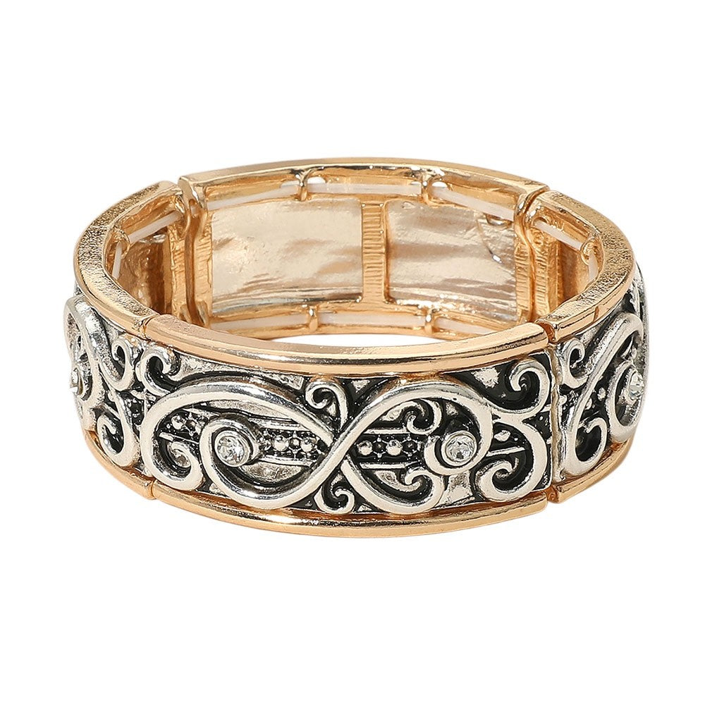 Vintage Two-Tone Filigree Stretch Bangle Bracelet with Crystal Center Accents