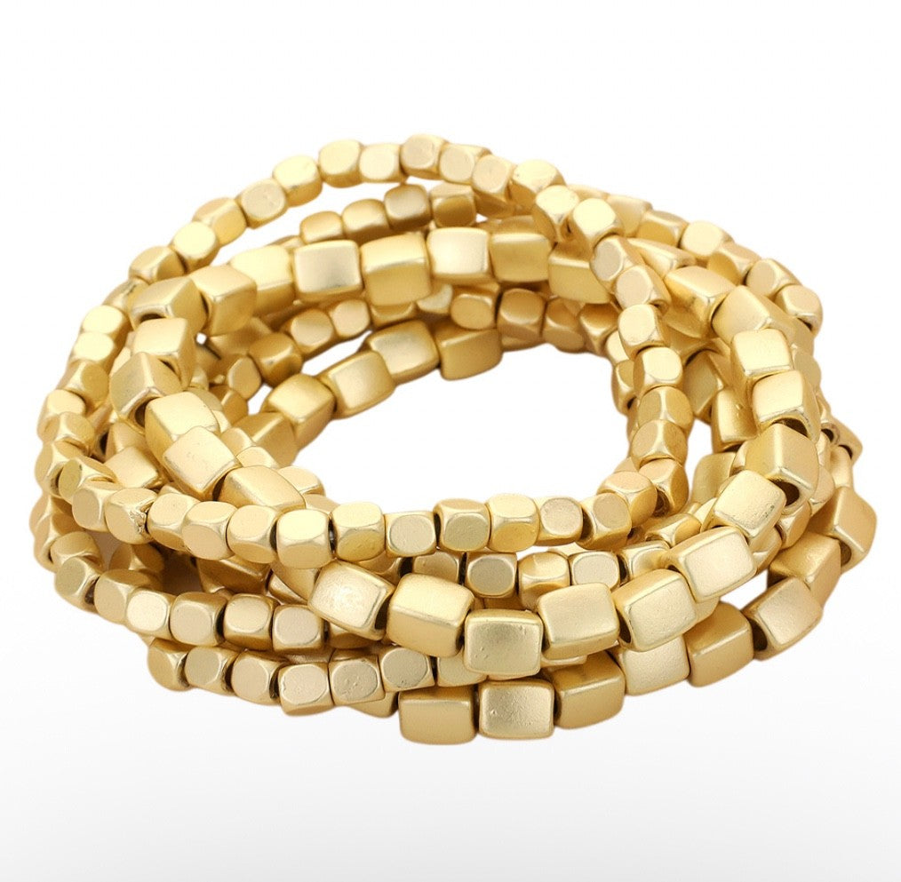 7pcs Matte Gold Square Cube Bead Multi-Strand Statement Stretch Bracelet Set