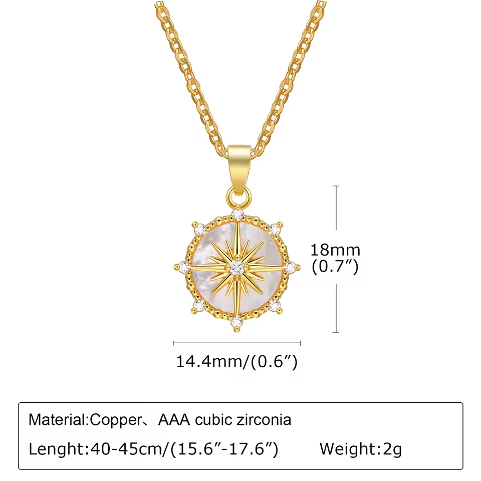 North Star Compass Pendant Necklace Gold Tone Cubic Zirconia Shell Inlay