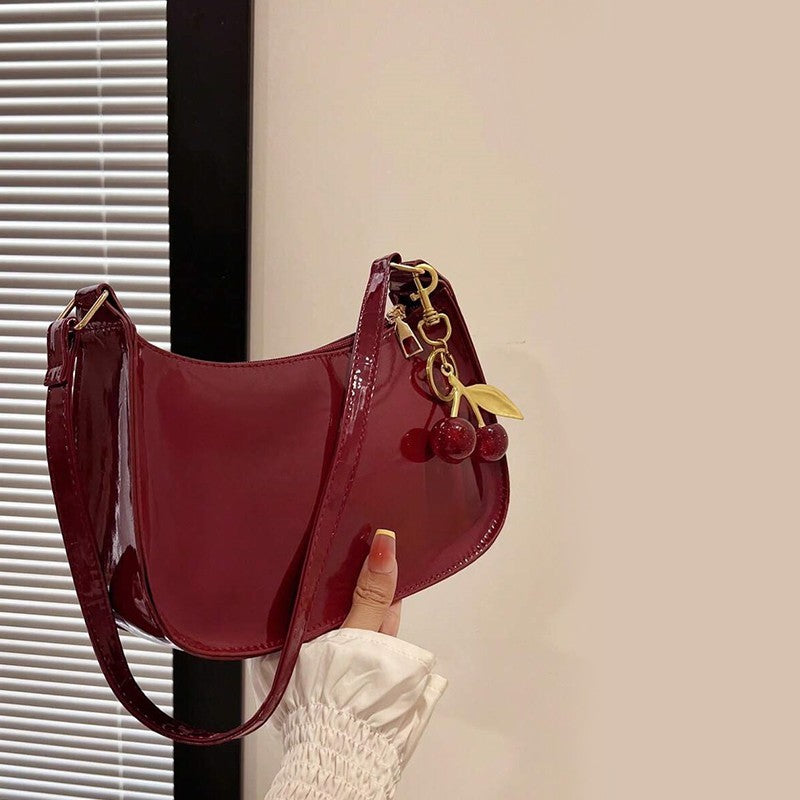 Glossy Cherry Red Patent Shoulder Baguette Bag with Cherry Charm Y2K Aesthetic