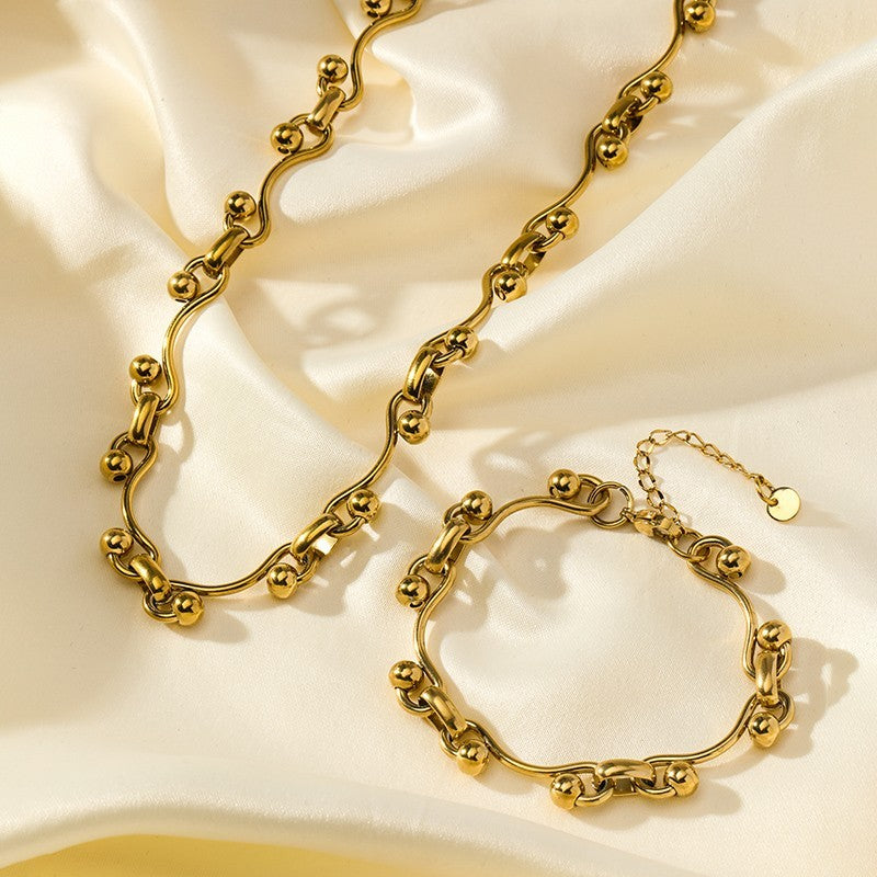 Gold Tone Wavy Ball Link Necklace Bracelet Set Stainless Steel Jewelry