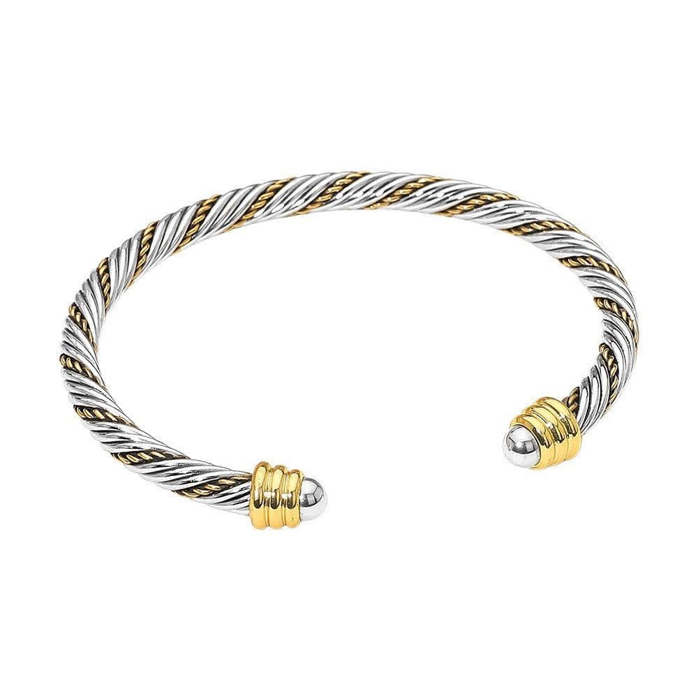 2pcs Two-Tone Cable Cuff Bracelets Set Stainless Steel Twisted Bangle Adjustable