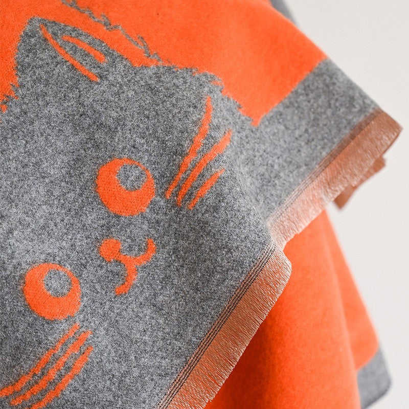 Reversible Cat Shawl Wrap Blanket Oversized Orange Gray Kitty Throw Scarf New