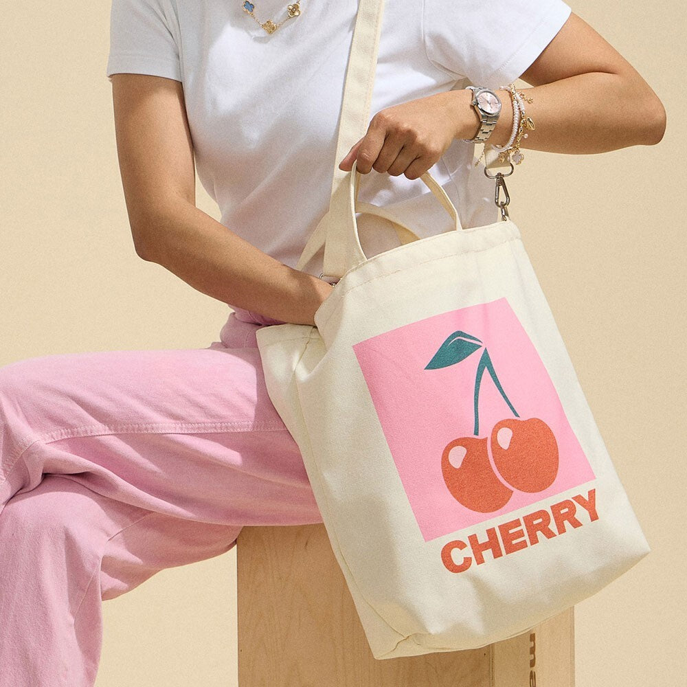 Cherry Print Canvas Crossbody and Top Handle Bag for Women