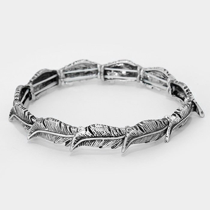2pc Western Feather Stretch Bracelet Set Mixed Metal Silver Copper Boho 0.4"