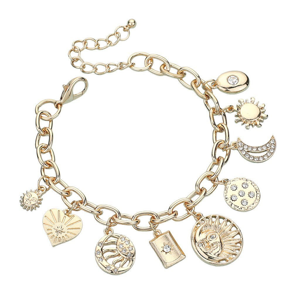 Heart Moon Zodiac Charm Station Bracelet for Women Adjustable Gold Tone