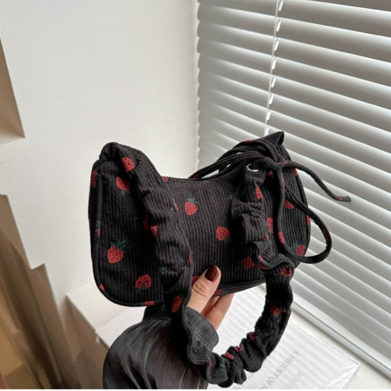 Cute Y2K Beige Corduroy Strawberry Scrunchie Strap Shoulder Bag