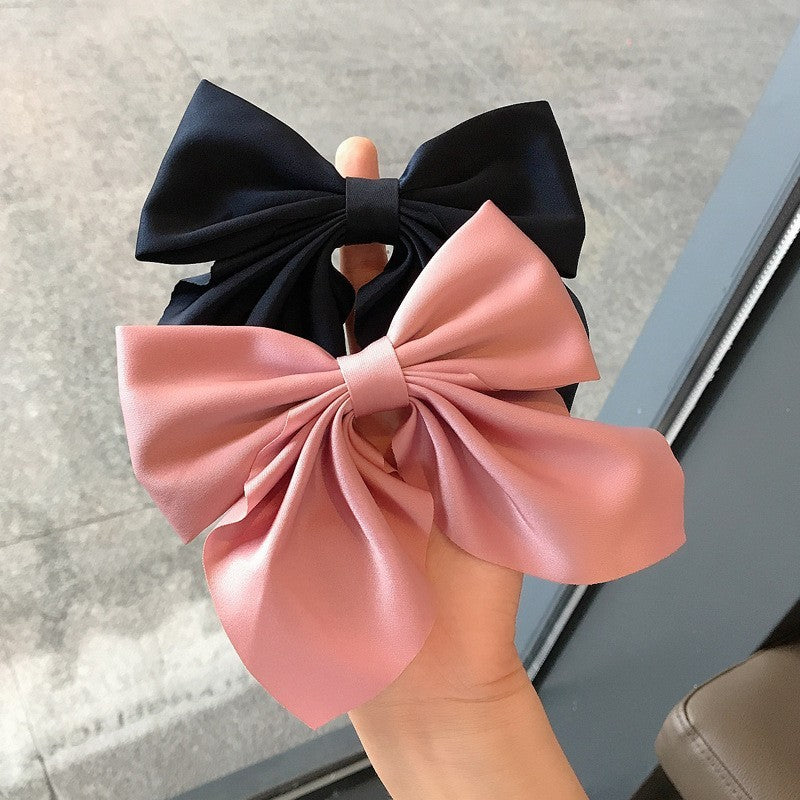 2Pcs Large Pink Black Hair Bow Clips Satin Silk Oversized Ribbon Accessories