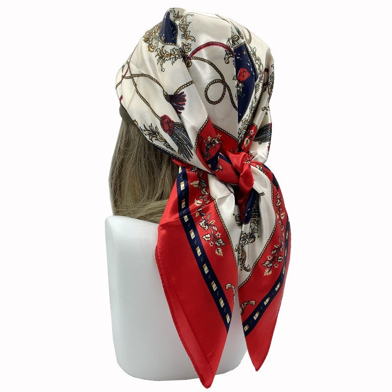 Luxury Satin Square Scarf Red Navy Chain Print Women's Head Scarf Neckerchief