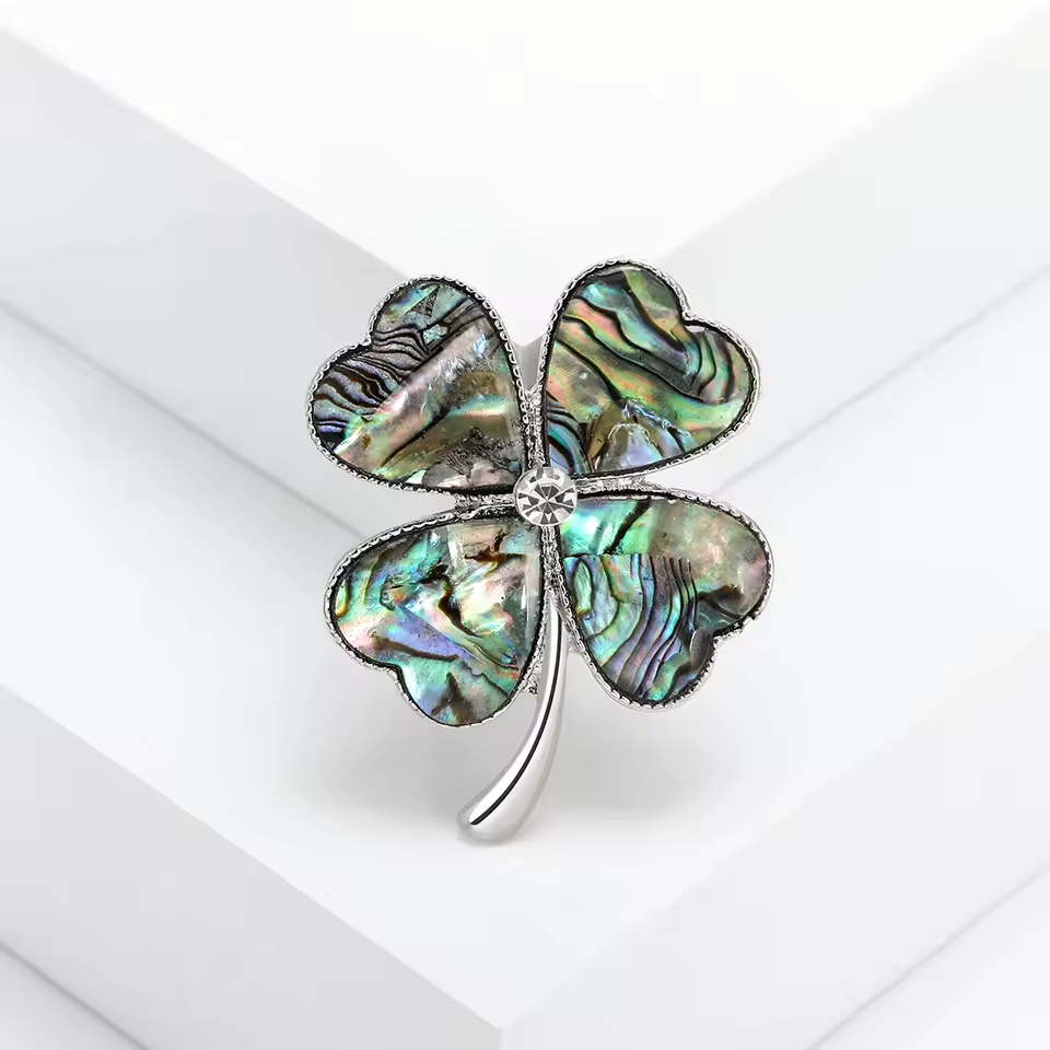 3pcs Abalone Shell Brooch Set Butterfly Clover Tulip Silver Tone Pin