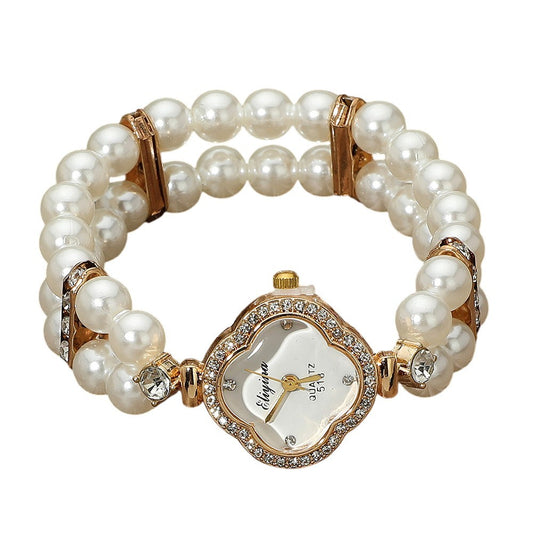 Stainless Steel Pearl Beaded Stretch Bracelet Watch Stone Paved Quatrefoil Bezel