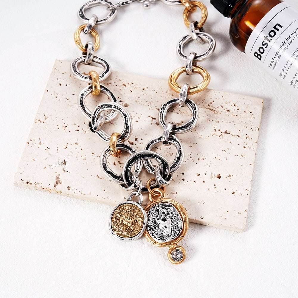 Two Tone Chunky Link Roman Coin Pendant Necklace Zircon Copper Mixed Metal
