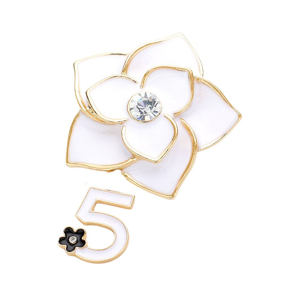 Gold Tone CZ Stone Pointed Enamel Flower Pin Brooch with Number 5 Dangle Charm