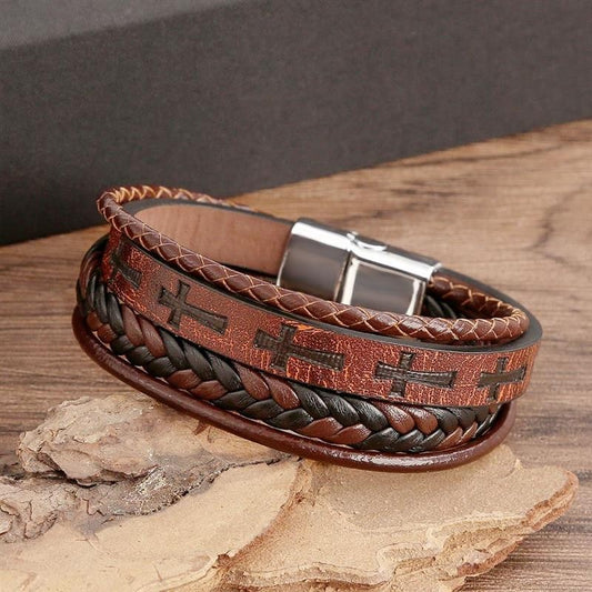 Men's Brown Braided Leather Cross Bracelet Stainless Steel Clasp Gift