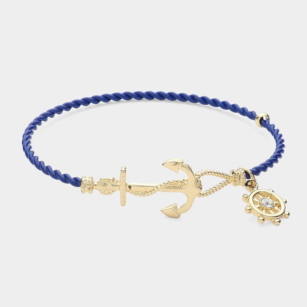 Nautical Blue Rope Bracelet Anchor Clasp Ship Wheel Charm Coastal Jewelry
