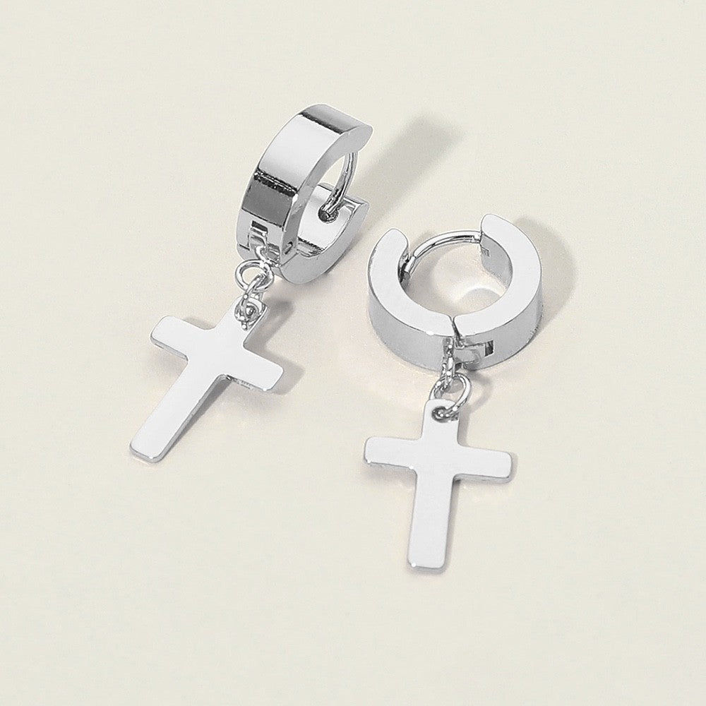 Silver Cross Drop Huggie Hoop Earrings - Polished Dainty Religious Charm Hoops