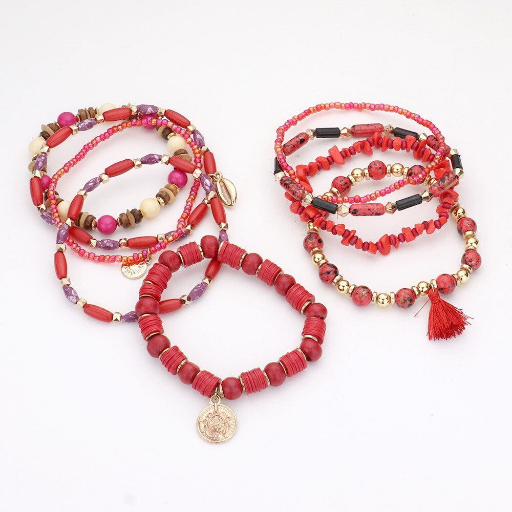 9PCS Boho Beaded Stretch Bracelets Set Puka Shell Coin Charm Women Jewelry Gift
