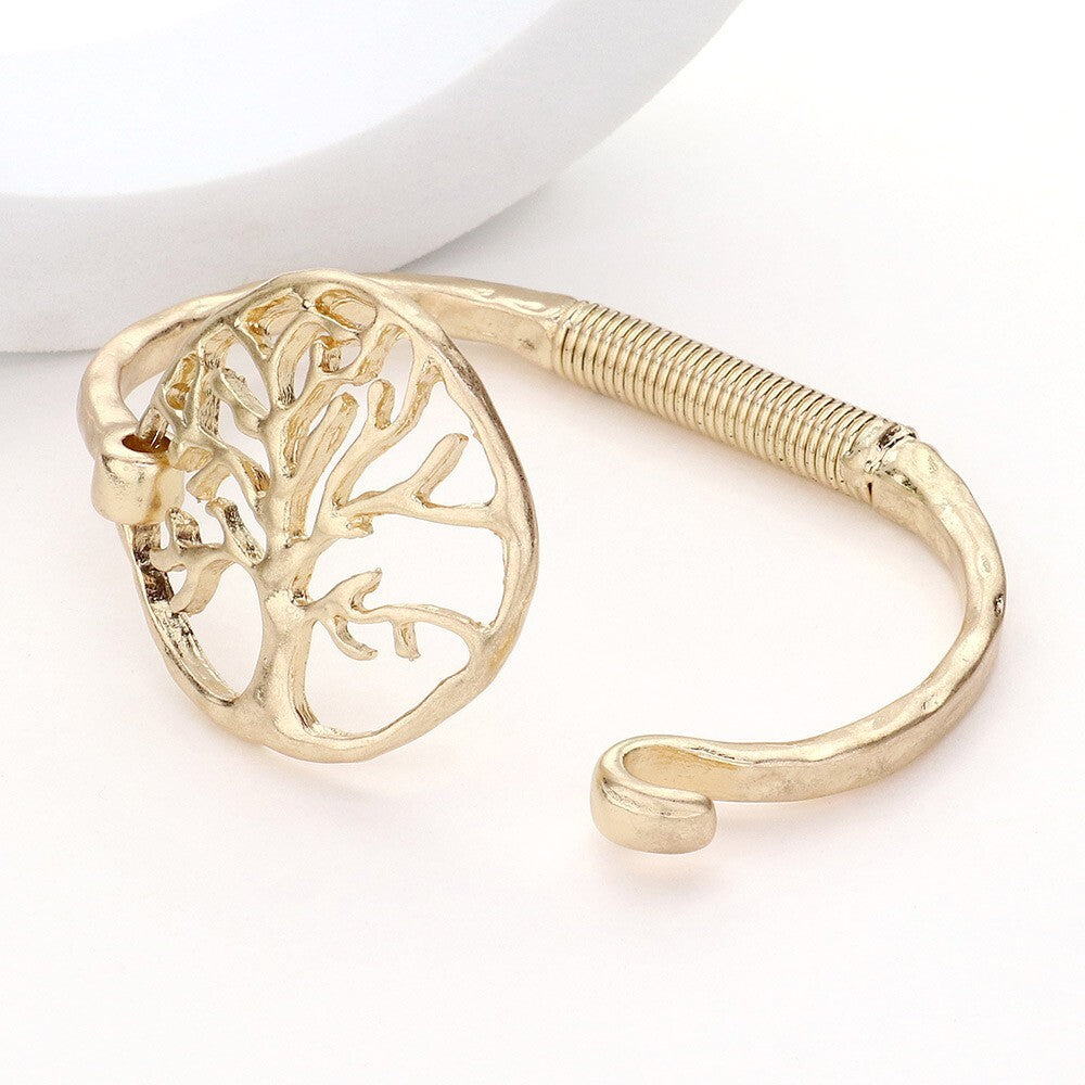 Tree of Life Hook Bracelets Set – Gold & Silver Hammered Metal Spiritual Jewelry