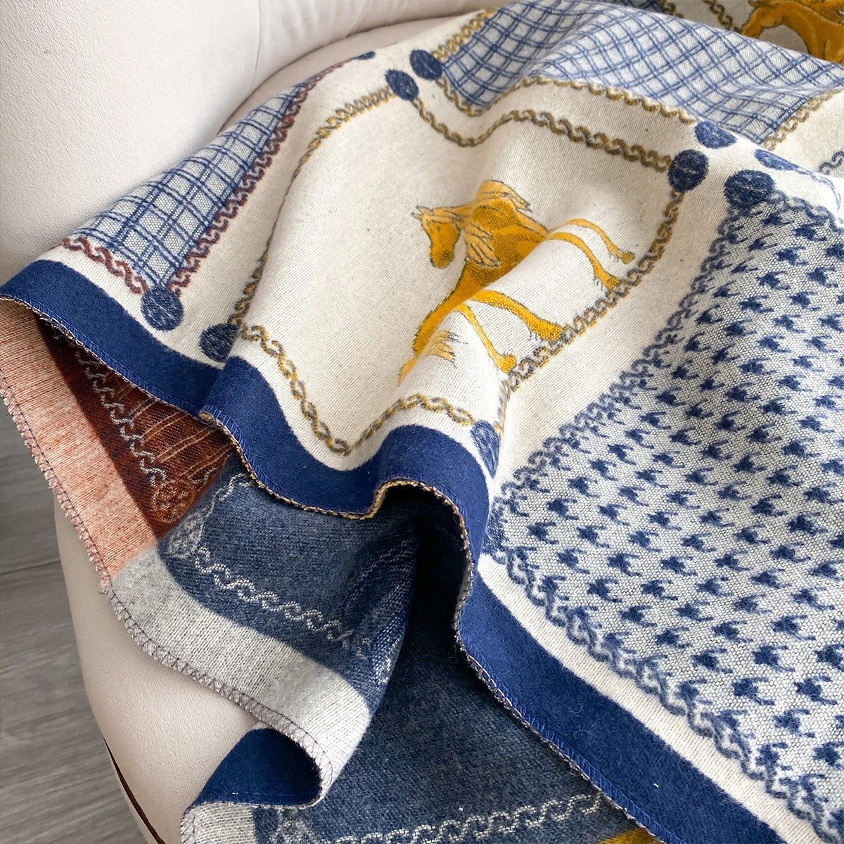 Oversized Equestrian Horse Patchwork Plaid Scarf Shawl Wrap Fringed Fall Winter