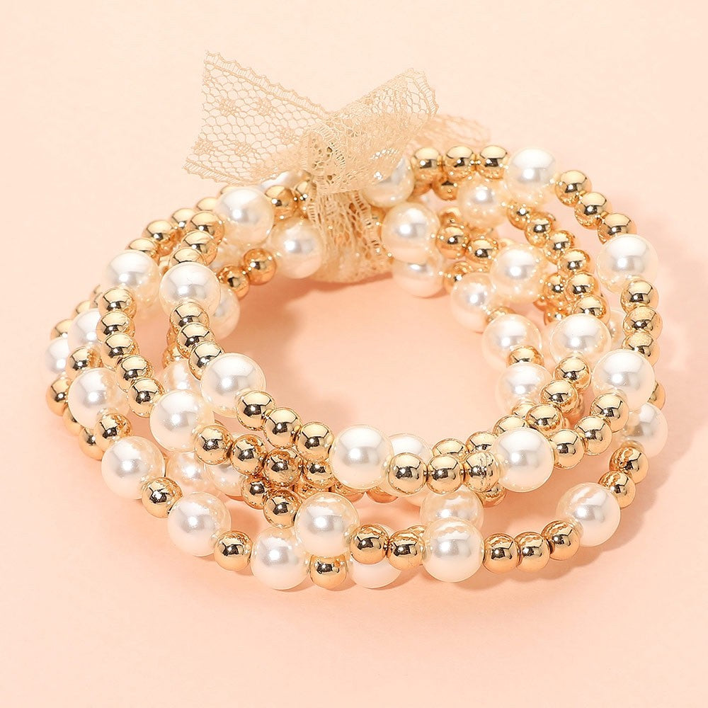 5pc Gold and Faux Pearl Beaded Stretch Bracelet Set with Lace Bow Accent