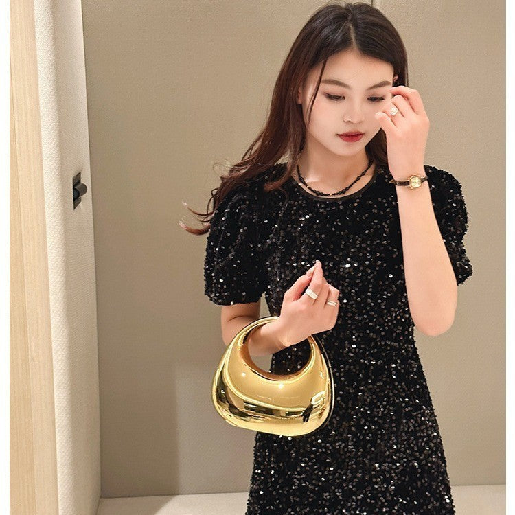 Sculptural Gold Mirror Metallic Crescent Bag Clutch Shoulder Crossbody Statement