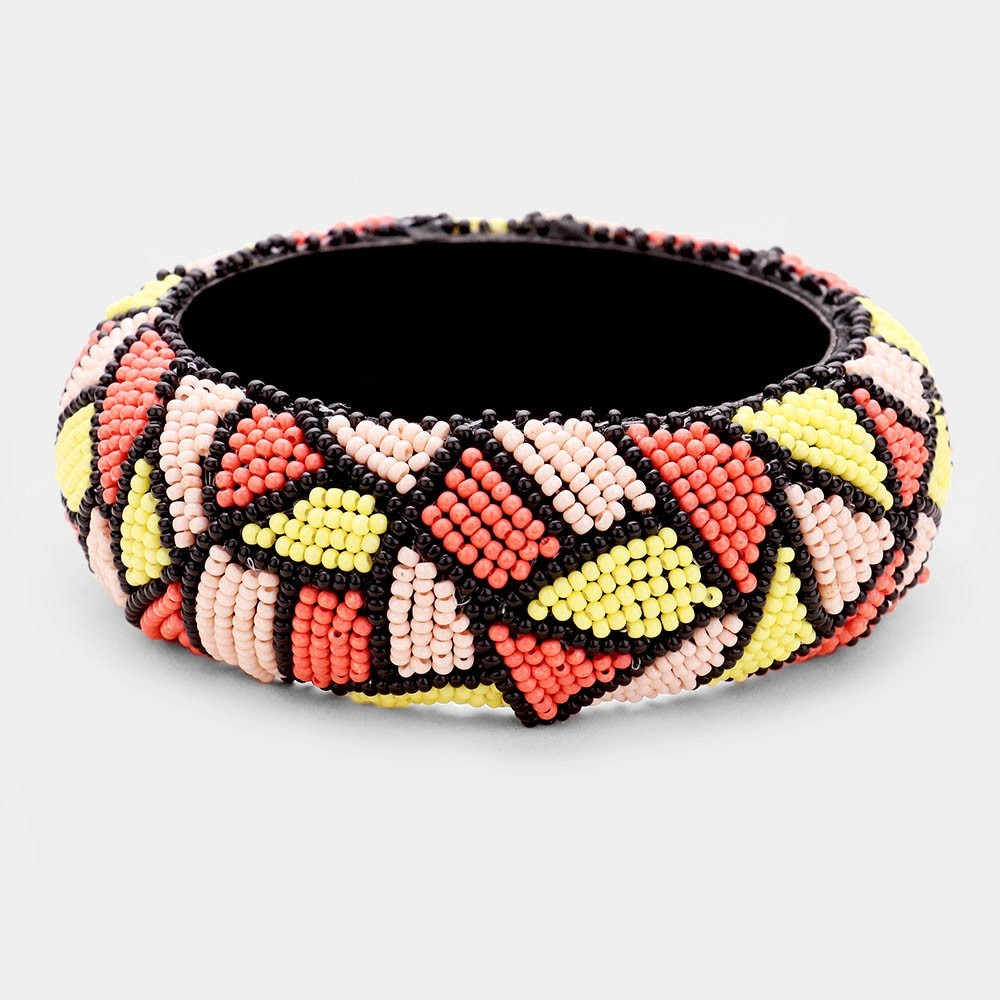 Seed Bead Patterned Bangle Bracelet Unisex Boho Stackable Jewelry