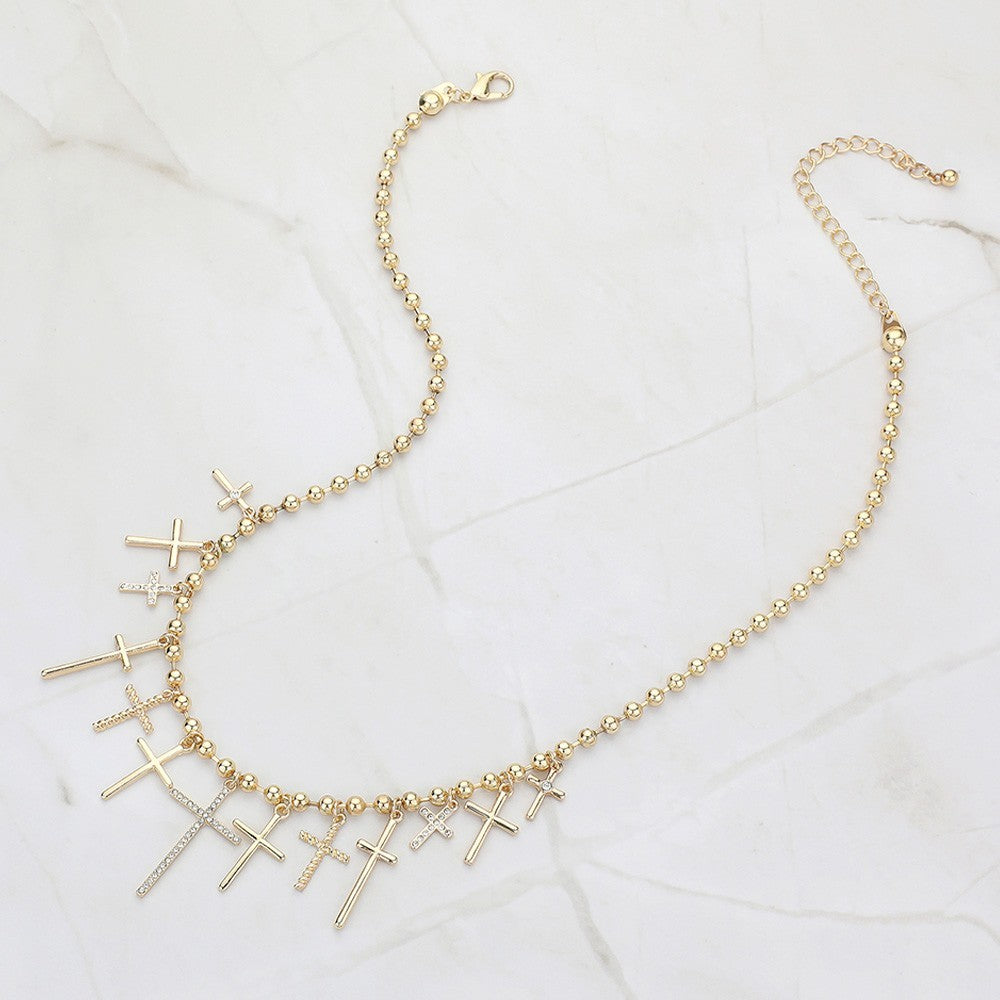 Gold Cross Charm Necklace Statement Beaded Chain Adjustable Spiritual Jewelry