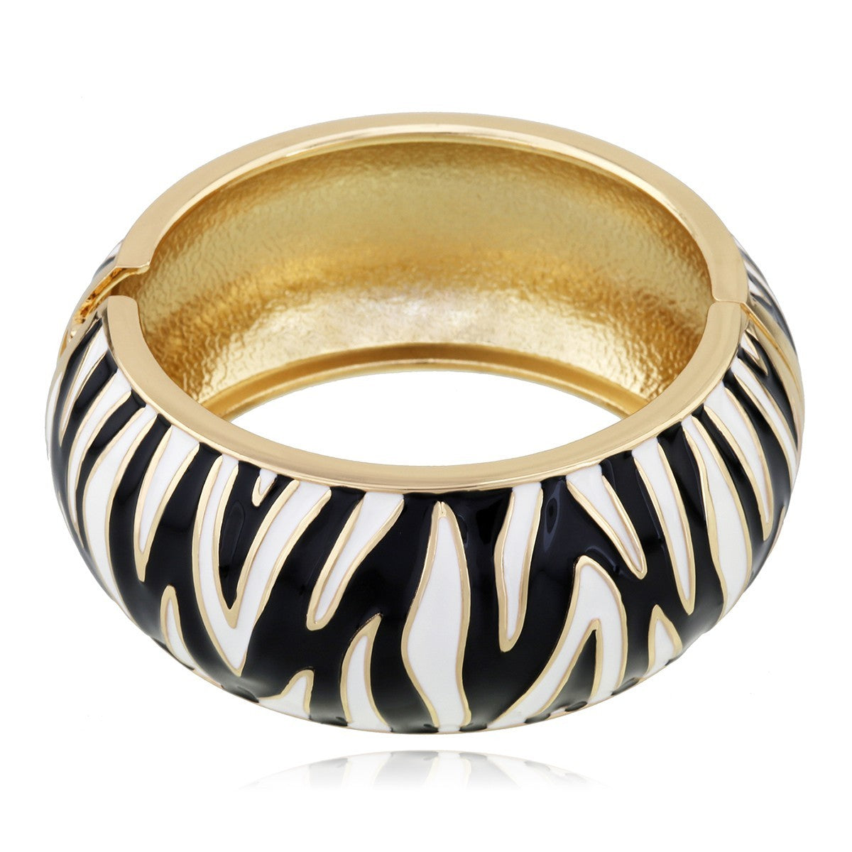 Zebra Stripe Enamel Bangle Bracelet Gold Tone Black White Wide Statement Jewelry