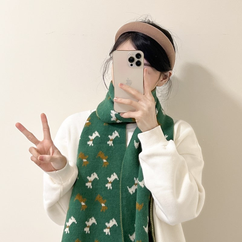 Green Knit Dog Animal Pattern Scarf Long Warm Winter Wrap Unisex Gift New