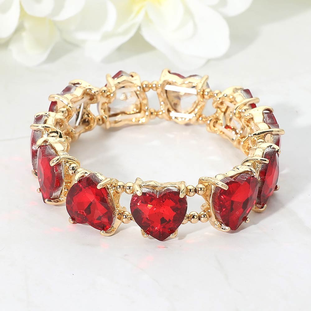 Women's Red Heart-Shaped Stone Cluster Beaded Stretch Evening Bracelet Gold-Tone