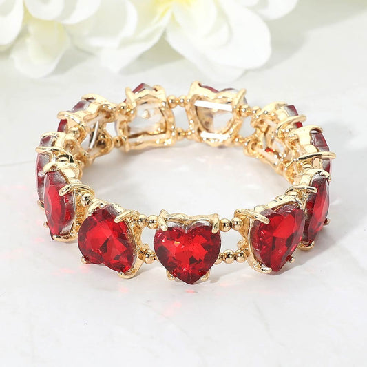 Women's Red Heart-Shaped Stone Cluster Beaded Stretch Evening Bracelet Gold-Tone
