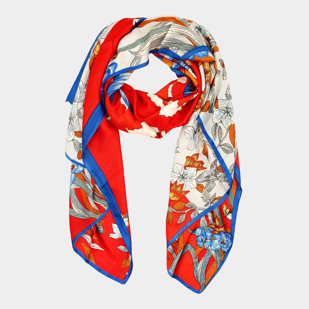 Flower Pattern Oblong Silky Satin Scarf Shawl Lightweight Soft Wrap for Women