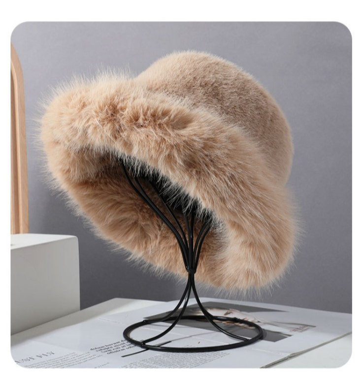 Faux Fur Bucket Hat Women Winter Warm Fluffy Fisherman Cap Light Brown Adjustabl
