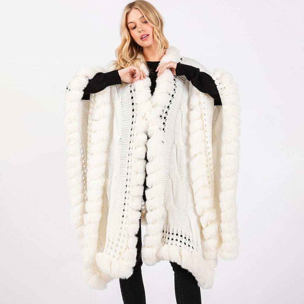 Luxurious White Cable Knit Shawl Cape Faux Fur Trim Open Front Long Poncho