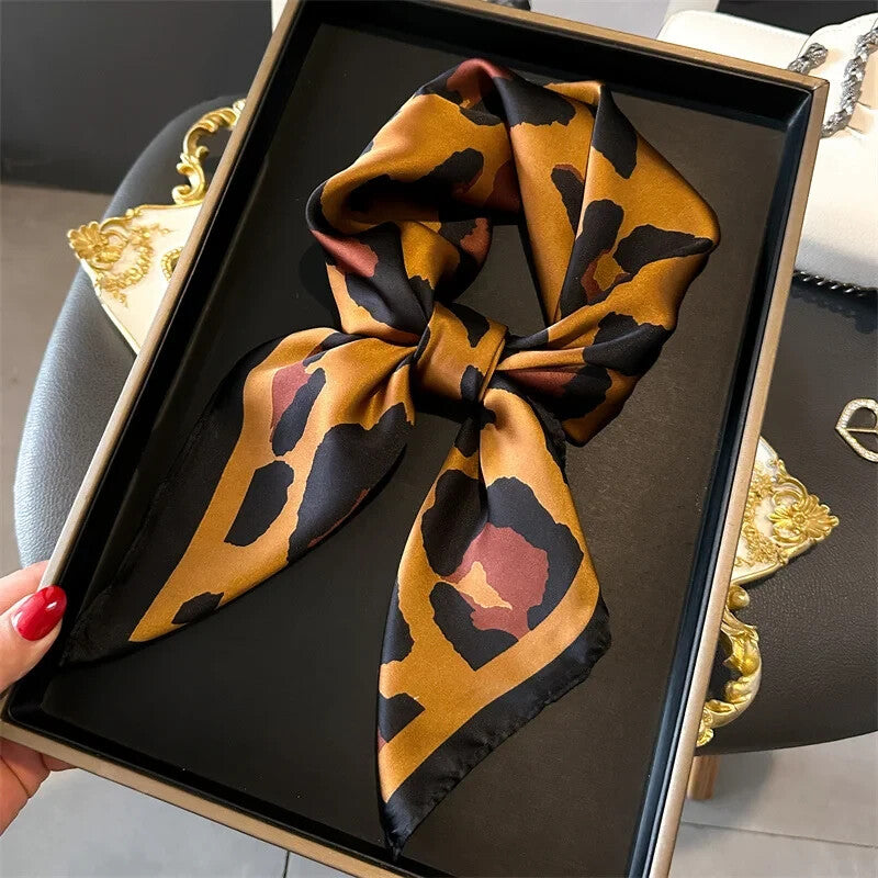 Leopard Print Silky Feel Hair Scarf Women Square Bandana Neck Kerchief Wrap