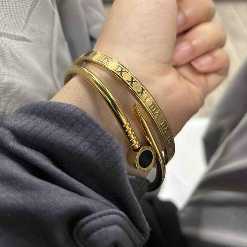 Stackable 3-Piece Gold Bangle Set for Women - Roman Numeral & Floral Designs