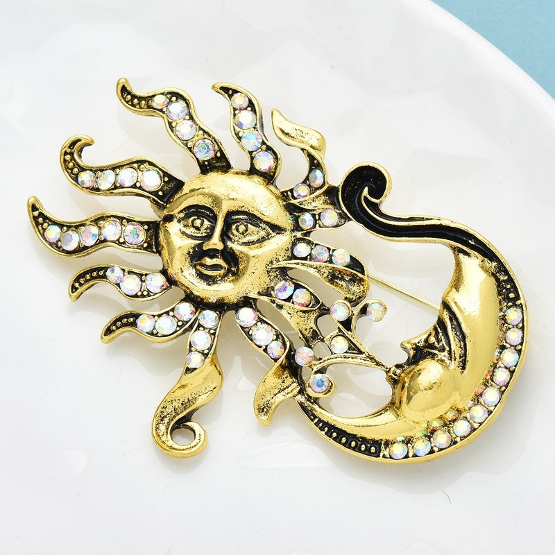 Vintage Gold Tone Sun Moon Rhinestone Brooch Pin Celestial Zodiac Jewelry Gift