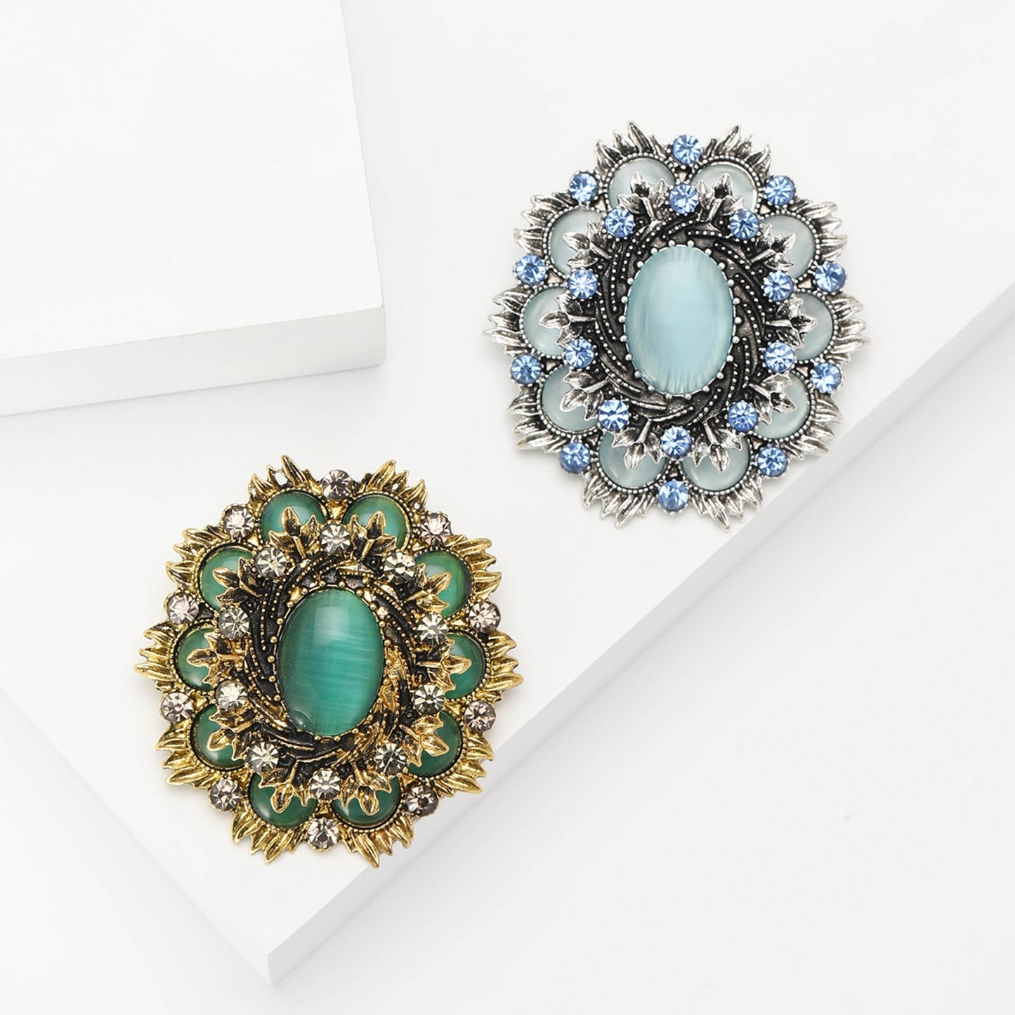 2PC Vintage Cameo Cat's Eye Brooch Lot: Victorian-Style Pin & Opalite Rhinestone