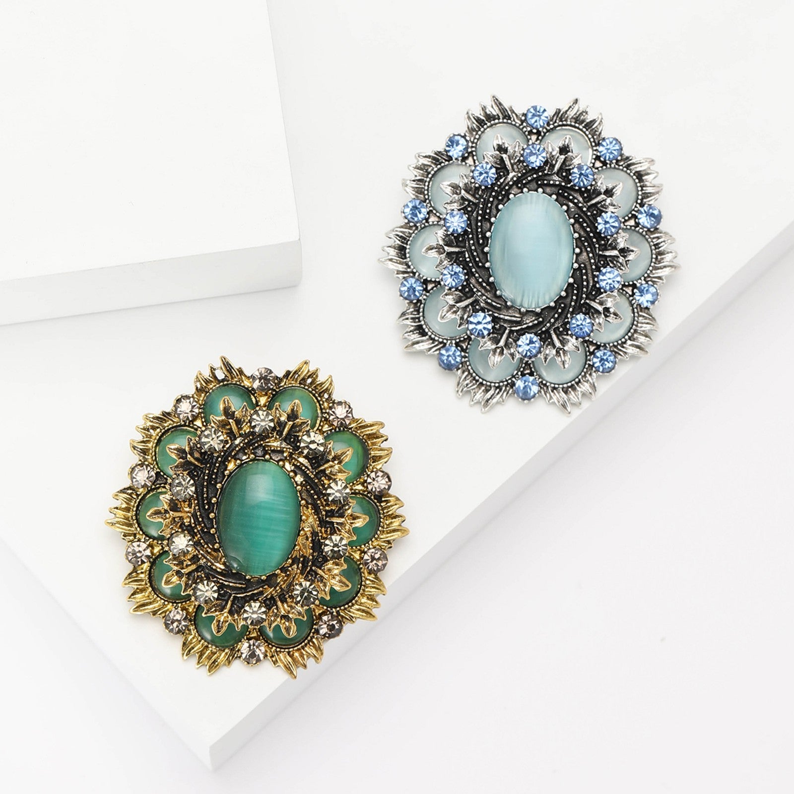 2PC Vintage Cameo Cat's Eye Brooch Lot: Victorian-Style Pin & Opalite Rhinestone
